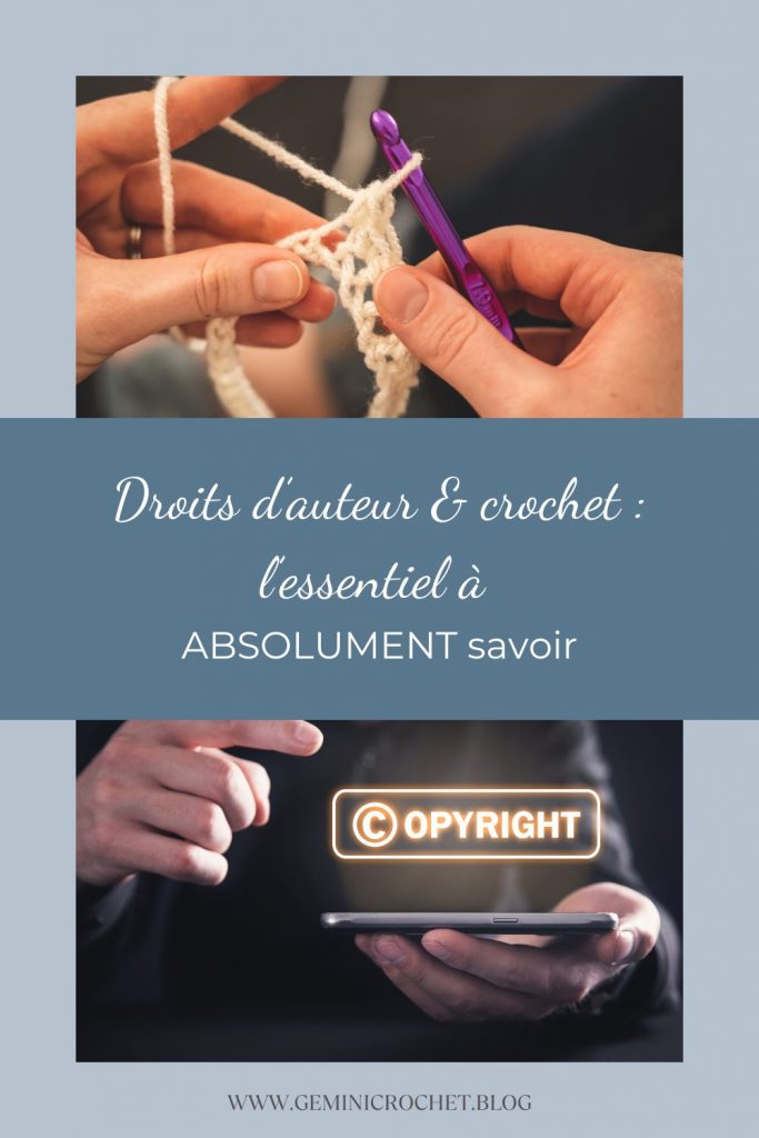 Illustration de mains en train de crocheter un ouvrage, évoquant la question du droit d’auteur appliqué aux modèles de crochet et à la création manuelle.